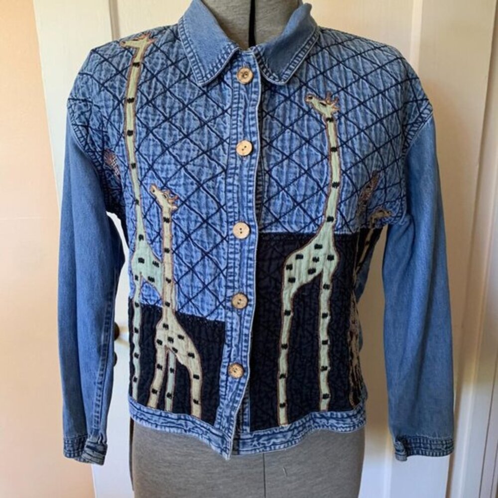 Vintage Giraffe Denim‎ Quilted Jacket Blue Jean Button Up Small